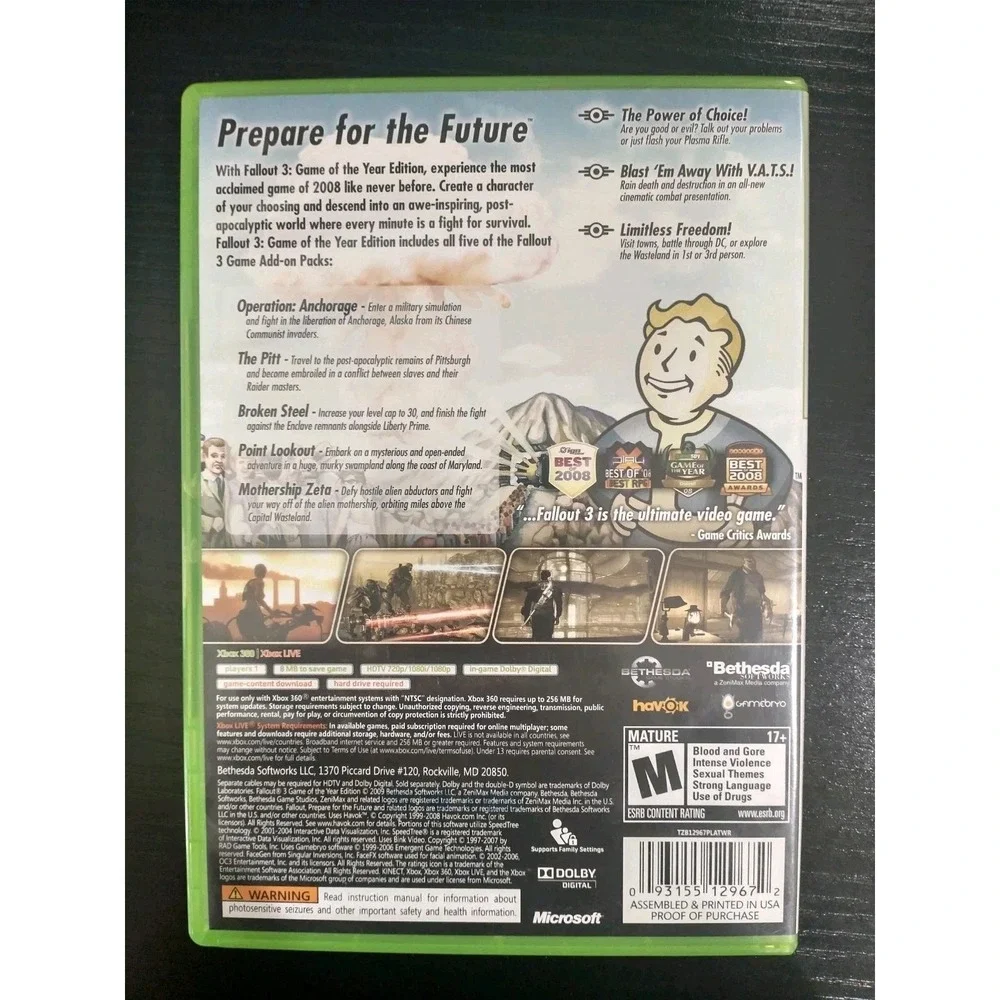 Fallout 3 Game of the Year Edition Xbox 360 Platinum Hits Bethesda RPG Poster